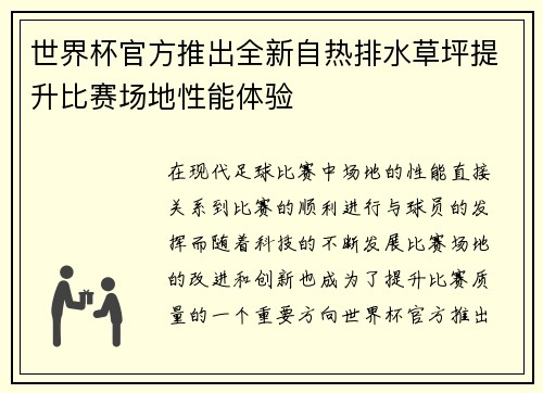 世界杯官方推出全新自热排水草坪提升比赛场地性能体验 世界杯官方推出全新自热排水草坪提升比赛场地性能体验